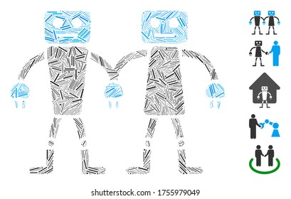 Dash Mosaic based on robot friends icon. Mosaic vector robot friends is composed with randomized dash dots. Bonus icons are added.