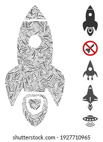 Dash Mosaic basado en el icono del cohete. El cohete vectorial mosaico está diseñado con elementos de guión aleatorizados. Se agregan iconos de bonificación.