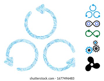 Dash Mosaic based on rotation icon. Mosaic vector rotation is composed with randomized dash spots. Bonus icons are added.