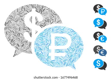 Dash Mosaic based on rouble dollar transaction icon. Mosaic vector rouble dollar transaction is composed with random dash items. Bonus icons are added.