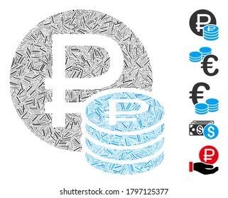 Dash Mosaic based on rouble coins icon. Mosaic vector rouble coins is formed with random dash dots. Bonus icons are added.