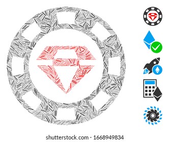 Dash Mosaic based on ruby casino chip icon. Mosaic vector ruby casino chip is composed with randomized dash items. Bonus icons are added.
