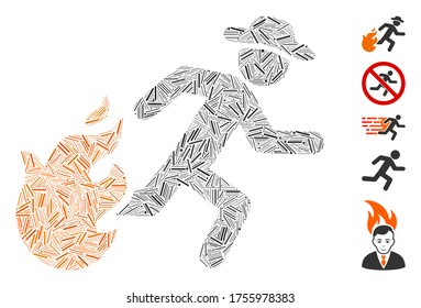 Dash Mosaic based on running man from fire icon. Mosaic vector running man from fire is composed with random dash elements. Bonus icons are added.