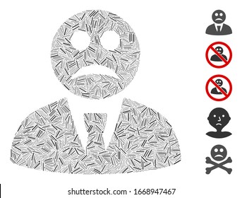 Dash Mosaic based on sad boss icon. Mosaic vector sad boss is composed with randomized dash elements. Bonus icons are added.