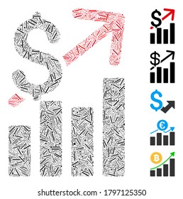 Dash Mosaic based on sales growth icon. Mosaic vector sales growth is designed with random dash dots. Bonus icons are added.