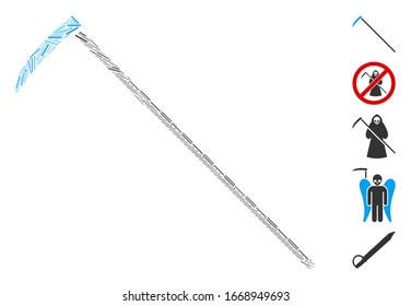 Dash Mosaic basierend auf dem Symbol scythe. Die Mosaikfigur der Vektorillustration besteht aus randomisierten Punkten. Bonussymbole werden hinzugefügt.