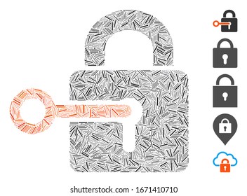 Dash Mosaic basado en el icono del secreto. El secreto del vector mosaico se crea con puntos de guión aleatorizados. Se agregan iconos de bonificación.