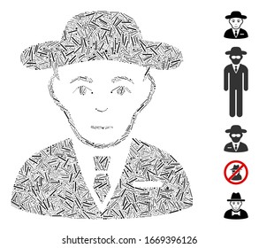 Dash Mosaic basado en el icono del agente del servicio secreto. El agente de servicio secreto de vector mosaico está diseñado con elementos de guión dispersos. Se agregan iconos de bonificación.