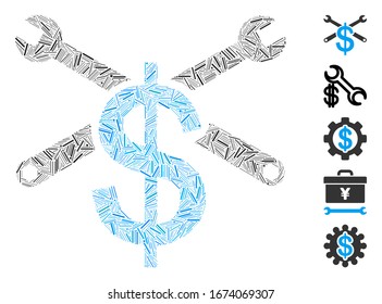 Dash Mosaic based on service price icon. Mosaic vector service price is formed with randomized dash elements. Bonus icons are added.