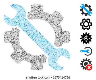 Dash Mosaic basado en el icono de herramientas de servicio. Las herramientas de servicio de vector mosaico se crean con puntos de guión aleatorios. Se agregan iconos de bonificación.
