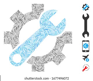 Dash Mosaic based on service tools icon. Mosaic vector service tools is designed with scattered dash elements. Bonus icons are added.