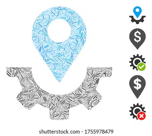 Dash Mosaic based on service map marker icon. Mosaic vector service map marker is composed with scattered dash dots. Bonus icons are added.