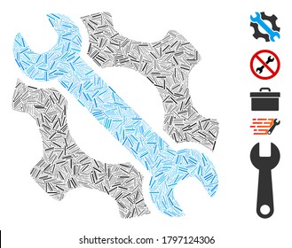 Dash Mosaic based on service tools icon. Mosaic vector service tools is formed with scattered dash items. Bonus icons are added.