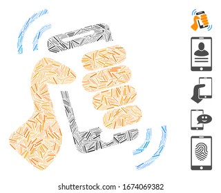 Dash Mosaic basado en el icono del teléfono inteligente. El sacudón de vector mosaico se crea con puntos de guiones dispersos. Se agregan iconos de bonificación.