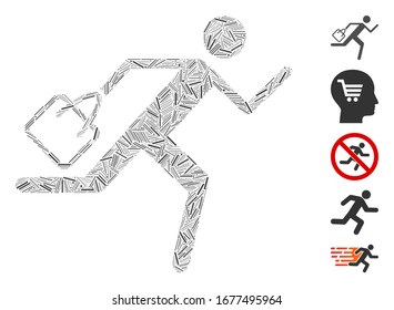 Dash Mosaic basado en el icono del hombre que corre de compras. El hombre de la compra de vectores mosaicos está compuesto por artículos de guiones dispersos. Se agregan iconos de bonificación.