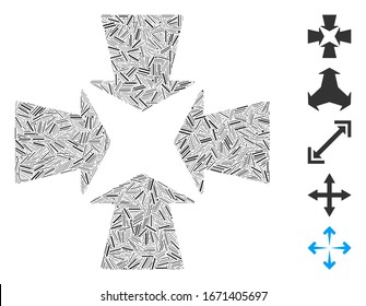 Dash Mosaic based on shrink arrows icon. Mosaic vector shrink arrows is formed with randomized dash items. Bonus icons are added.