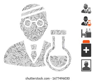 Dash Mosaic based on sick chemist icon. Mosaic vector sick chemist is created with scattered dash dots. Bonus icons are added.