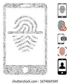 Dash Mosaic based on smartphone fingerprint scanner icon. Mosaic vector smartphone fingerprint scanner is designed with scattered hatch items. Bonus icons are added.