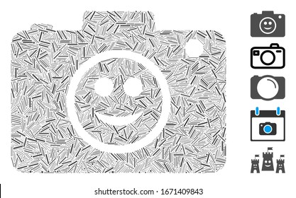 Dash Mosaic based on smile photo camera icon. Mosaic vector smile photo camera is composed with scattered dash elements. Bonus icons are added.