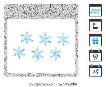 Mosaico de guiones basado en el icono de la página del calendario de copos de nieve. La página de calendario de copos de nieve vectoriales mosaicos se crea con puntos de guión dispersos. Se agregan iconos de bonificación.