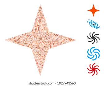 Dash Mosaic based on space star icon. Mosaic vector space star is formed with random dash dots. Bonus icons are added.