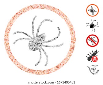 Dash Mosaik auf der Grundlage der Spinnensymbol. Die Mosaikspinne der Vektorillustration besteht aus verstreuten Dash-Elementen. Bonussymbole werden hinzugefügt.