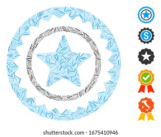 Dash Mosaic basado en el icono del sello de medalla de estrella. El sello de medalla de estrella vectorial mosaico se crea con puntos de guion aleatorizados. Se agregan iconos de bonificación.