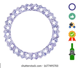 Dash Mosaic based on starred rosette round frame icon. Mosaic vector starred rosette round frame is created with randomized dash spots. Bonus icons are added.