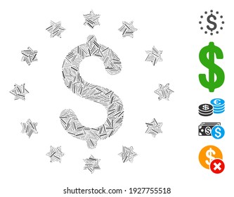 Dash Mosaik auf der Grundlage des Sternendollarsymbol. Mosaik Vektor Sterne Dollar wird mit randomisierten Dash-Spots gebildet. Bonussymbole werden hinzugefügt.