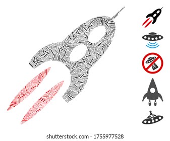 Dash Mosaic based on starship icon. Mosaic vector starship is composed with random dash elements. Bonus icons are added.