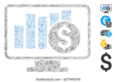 Dash Mosaic based on stock market monitoring icon. Mosaic vector stock market monitoring is formed with random dash elements. Bonus icons are added.