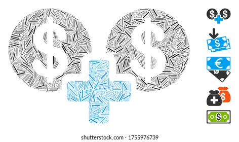 Dash Mosaic based on sum money icon. Mosaic vector sum money is composed with random dash dots. Bonus icons are added.