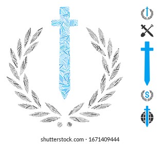 Dash Mosaic basierend auf dem Symbol für das Ehrenzeichen des Schwertes. Das Ehrenemblem der Mosaikschwert-Vektorillustration wurde mit verstreuten Dash-Elementen entworfen. Bonussymbole werden hinzugefügt.