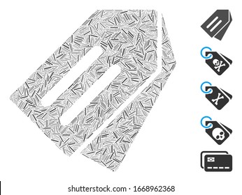 Dash Mosaic based on tags icon. Mosaic vector tags is formed with randomized dash items. Bonus icons are added.