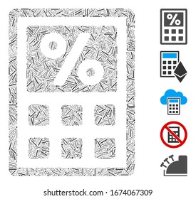 Dash Mosaic based on tax calculator icon. Mosaic vector tax calculator is designed with randomized dash dots. Bonus icons are added.