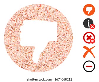 Dash Mosaic basierend auf dem Daumendown-Symbol. Der Mosaik-Daumen für die Vektorillustration wird mit randomisierten Bindestrichen erstellt. Bonussymbole werden hinzugefügt.