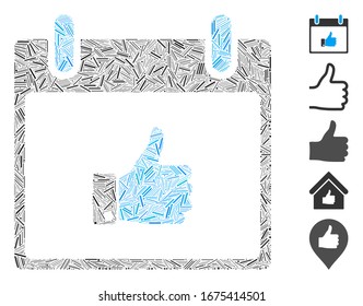 Dash Mosaic based on thumb up hand calendar day icon. Mosaic vector thumb up hand calendar day is designed with randomized dash items. Bonus icons are added.