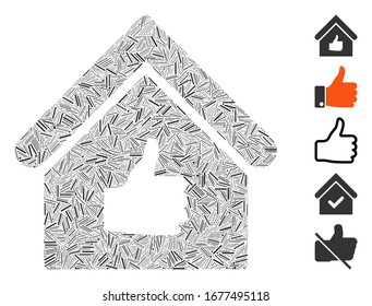 Dash Mosaic based on thumb up building icon. Mosaic vector thumb up building is composed with randomized dash items. Bonus icons are added.