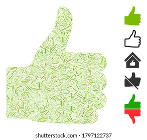 Dash Mosaic based on thumb up icon. Mosaic vector thumb up is created with scattered dash spots. Bonus icons are added.