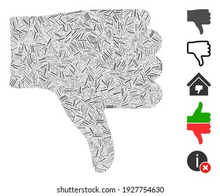 Dash Mosaic based on thumb down icon. Mosaic vector thumb down is formed with randomized line dots. Bonus icons are added.