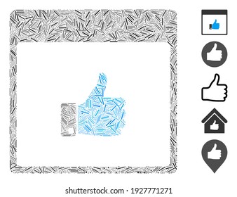 Dash Mosaic based on thumb up hand calendar page icon. Mosaic vector thumb up hand calendar page is created with scattered dash elements. Bonus icons are added.