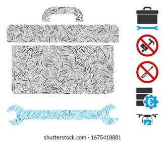 Dash Mosaic based on toolbox icon. Mosaic vector toolbox is composed with randomized dash dots. Bonus icons are added.