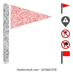 Dash Mosaic based on triangle flag icon. Mosaic vector triangle flag is designed with random dash elements. Bonus icons are added.