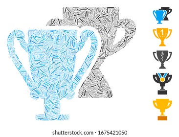 Dash Mosaic based on trophy cups icon. Mosaic vector trophy cups is formed with randomized dash elements. Bonus icons are added.