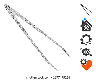 Dash Mosaic based on tweezers icon. Mosaic vector tweezers is formed with randomized dash dots. Bonus icons are added.