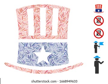 Dash Mosaic based on Uncle Sam hat icon. Mosaic vector Uncle Sam hat is formed with randomized dash items. Bonus icons are added.