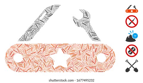 Dash Mosaic based on universal multitool knife icon. Mosaic vector universal multitool knife is composed with scattered dash dots. Bonus icons are added.