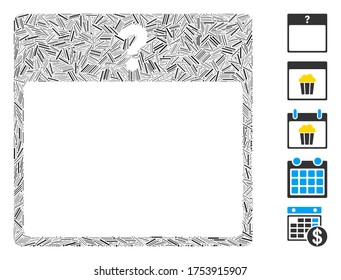 Dash Mosaic based on unknown day calendar page icon. Mosaic vector unknown day calendar page is designed with scattered dash spots. Bonus icons are added.