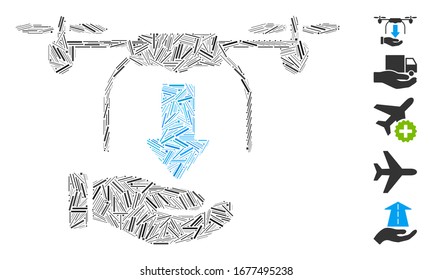 Dash Mosaic based on unload drone hand icon. Mosaic vector unload drone hand is formed with random dash spots. Bonus icons are added.