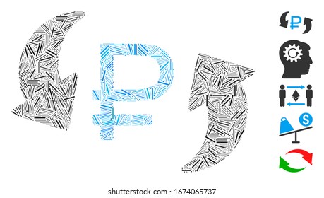 Dash Mosaic based on update rouble balance icon. Mosaic vector update rouble balance is composed with scattered dash elements. Bonus icons are added.